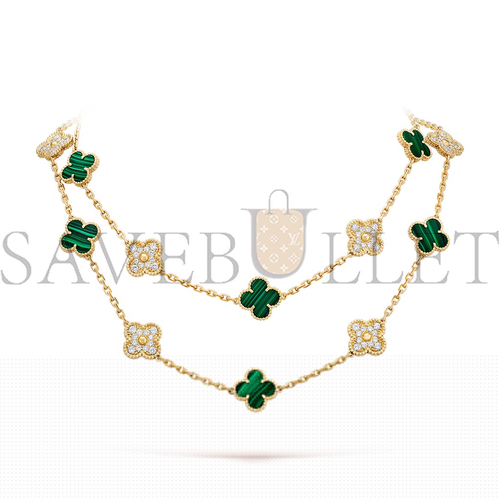 v*n cl*f arpels vintage alhambra long necklace, 20 motifs - yellow gold, Di*m*nd, malachite  vcaro7gp00